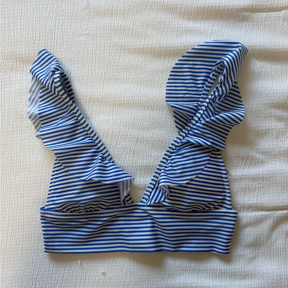 Blue and White Striped Ruffle Bikini Top